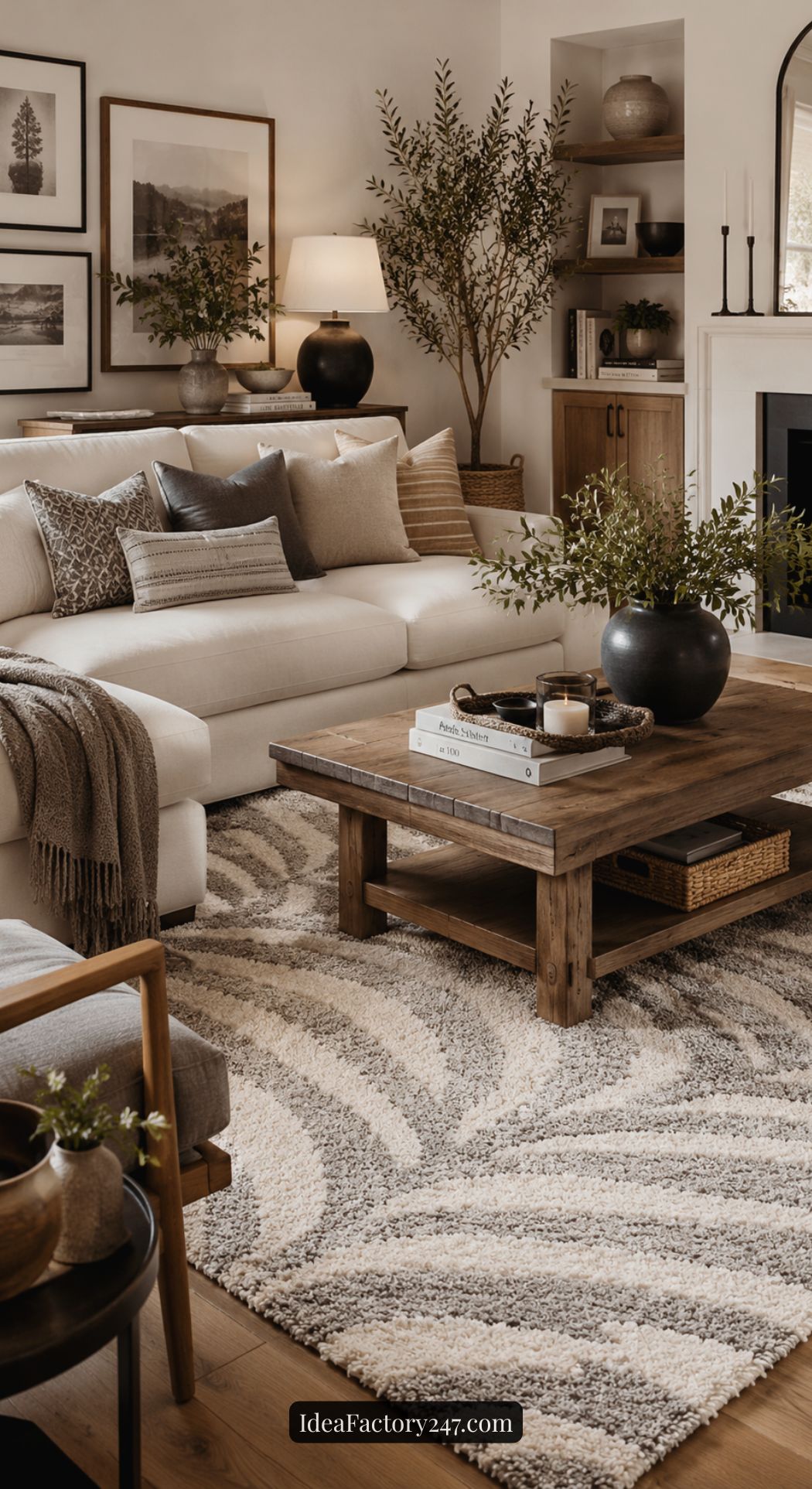 A cozy living room with a white sofa, neutral pillows, wooden coffee table, patterned rug, and greenery. Framed art and shelves decorate the walls, creating a warm, inviting atmosphere.