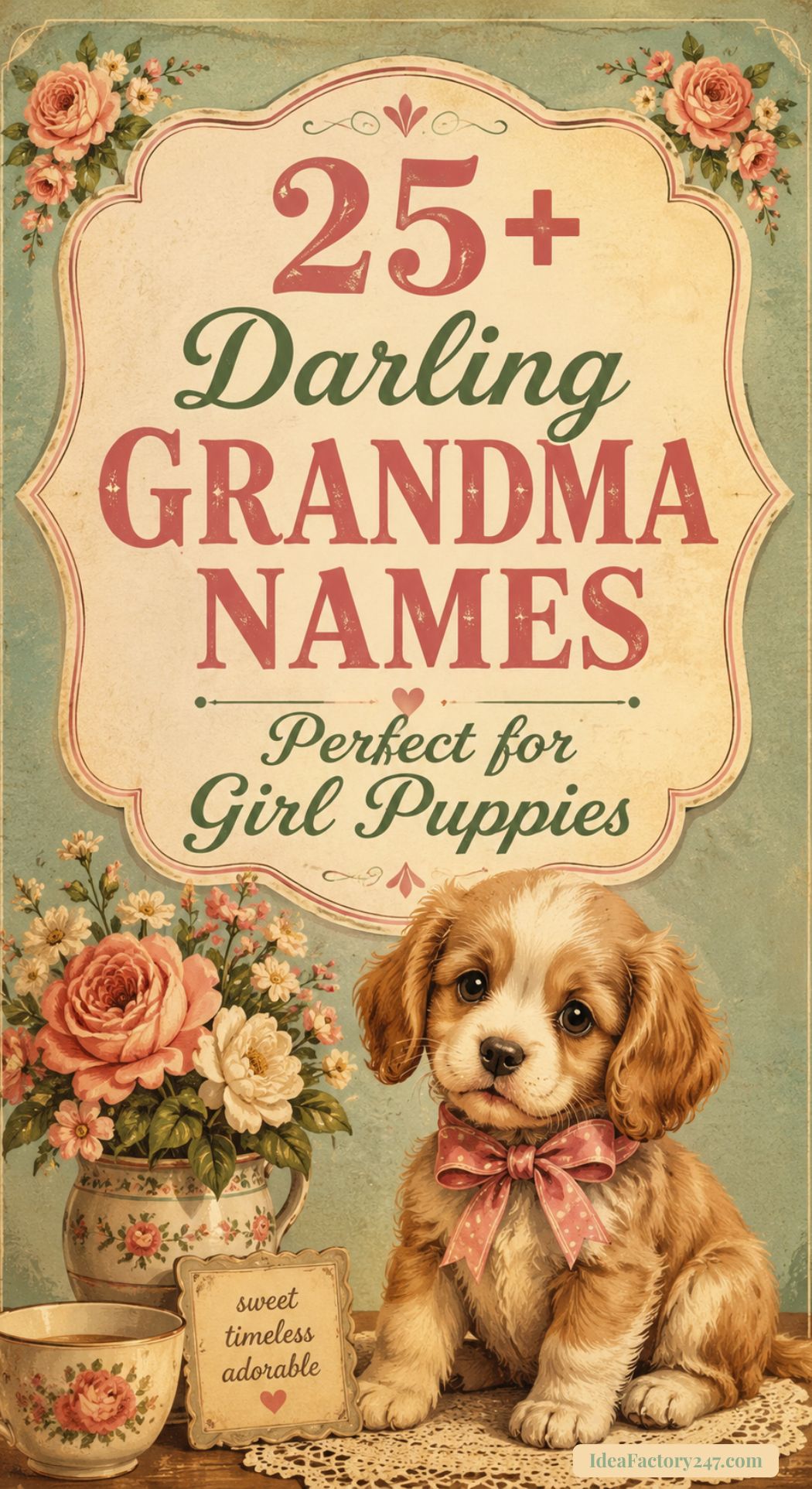 A vintage-style illustration features a cute puppy with a pink bow, a floral teacup, and a bouquet of flowers. The text reads: 25+ Darling Grandma Names—perfect Cute Dog Names for girl puppies. Sweet, timeless, adorable.