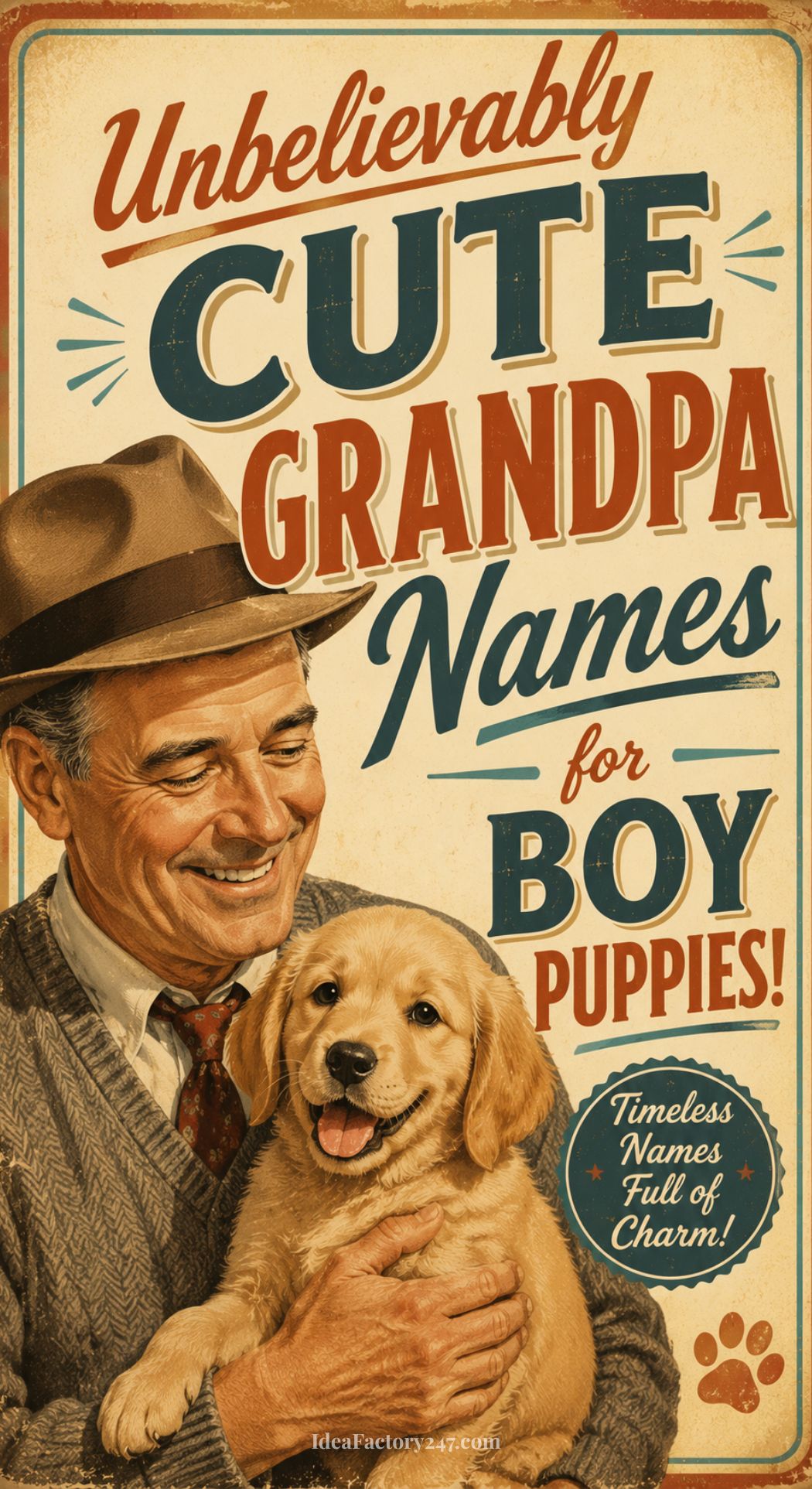 A smiling older man in a hat and suit holds a golden retriever puppy. The text reads: Unbelievably cute dog names and grandpa names for boy puppies! Timeless names full of charm! The image has a vintage, retro style.