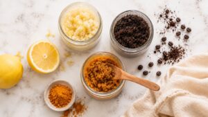 Three jars with different homemade scrubs on a marble surface, surrounded by coffee beans, turmeric powder, a cut lemon, lemon zest, and a beige cloth. A wooden spoon rests in the jar with brown scrub.