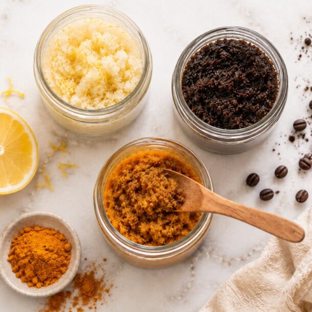 Three jars with different homemade scrubs on a marble surface, surrounded by coffee beans, turmeric powder, a cut lemon, lemon zest, and a beige cloth. A wooden spoon rests in the jar with brown scrub.