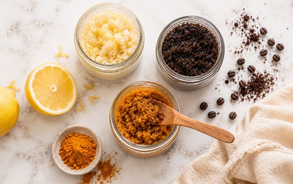 Three jars with different homemade scrubs on a marble surface, surrounded by coffee beans, turmeric powder, a cut lemon, lemon zest, and a beige cloth. A wooden spoon rests in the jar with brown scrub.