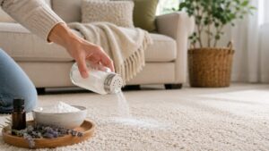 A person sprinkles a DIY Carpet Deodorizer from a glass shaker onto a light-colored carpet, with baking soda, lavender, and a small bottle nearby—a fresh approach to home care in a cozy space.
