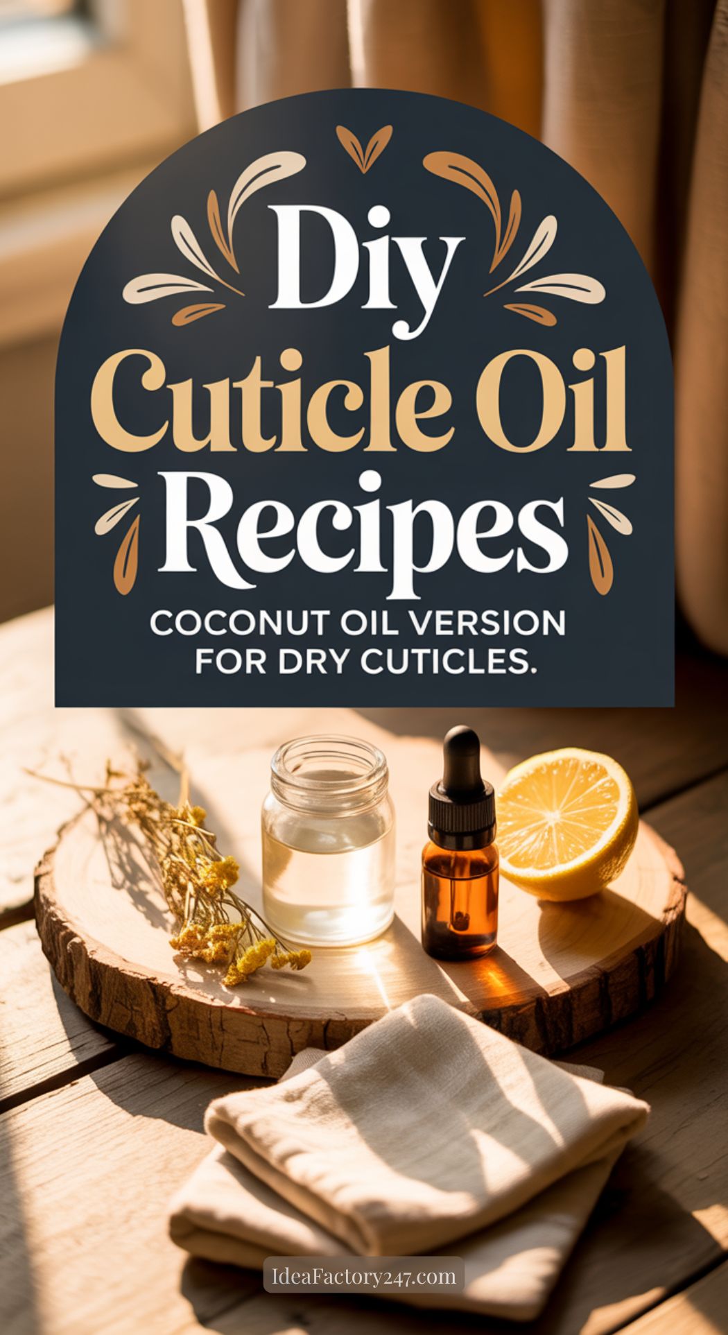 A jar of oil, an amber dropper bottle, half a lemon, dried herb sprigs, and folded towels on a wooden tray, with a sign above reading DIY Cuticle Oil: Nourishing Coconut Oil Version for Dry Cuticles.