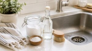 A kitchen counter next to a sink displays ingredients for a DIY Drain Unclogger: a jar of baking soda, a bottle of vinegar, a bowl of salt, a scrub brush, and striped cloth, with a potted plant in the background.