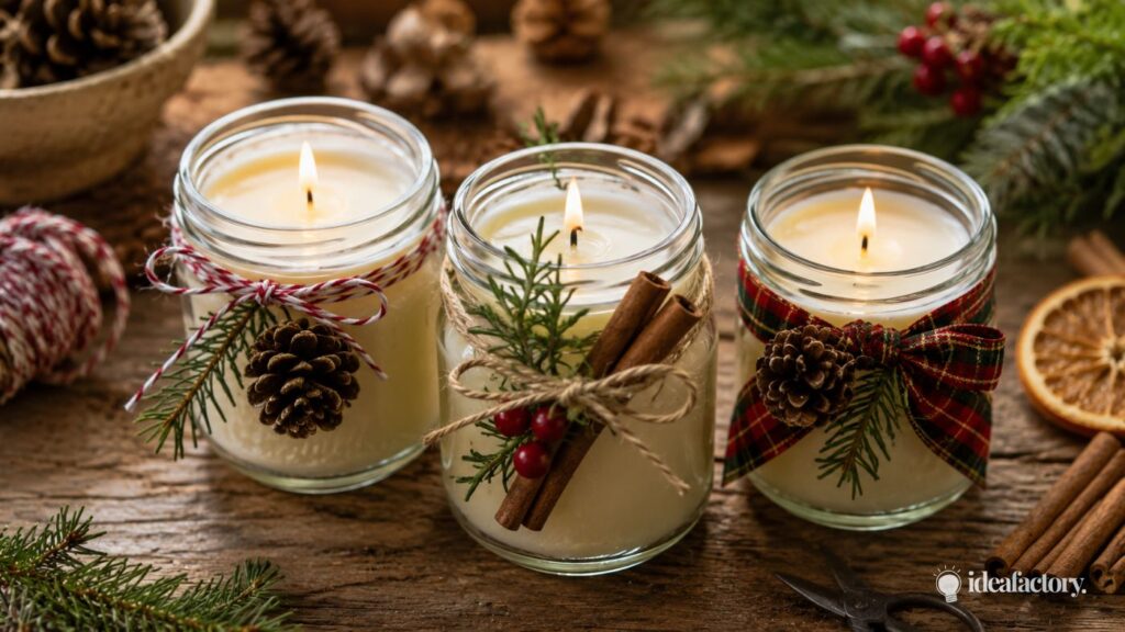 Three lit candles in glass jars are decorated with pinecones, cinnamon sticks, berries, plaid ribbon, and twine. The jars sit on a rustic wooden table with pine branches, dried orange slices, and festive winter decor.