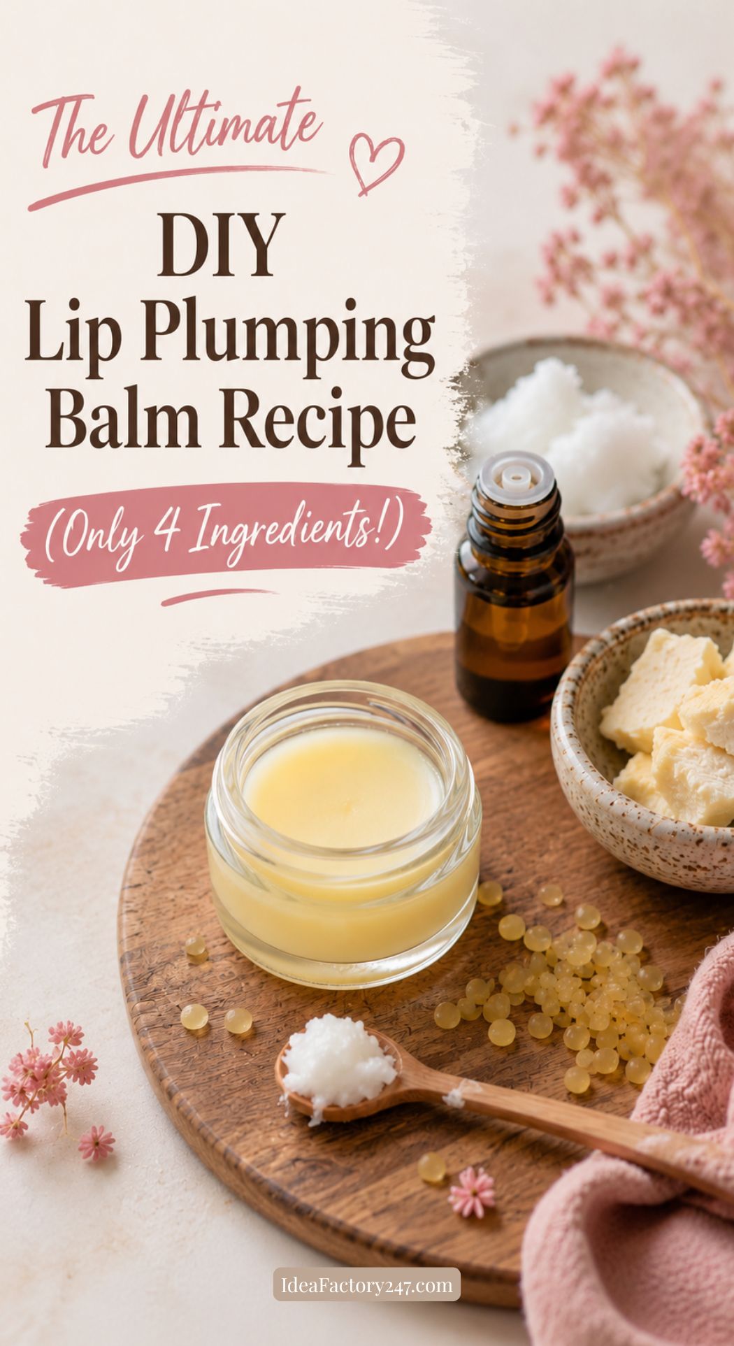 A DIY lip plumping balm setup with a glass jar of balm, an amber essential oil bottle, shea butter, solid oil, and yellow beeswax pellets on a board with pink flowers. Text reads: “The Ultimate DIY Lip Plumping Balm Recipe.”.