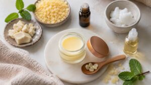 A glass jar of homemade balm on a marble tray, surrounded by bowls of beeswax pellets, coconut oil, cocoa butter, bottles of essential oil, a wooden spoon with balm, a dropper bottle, mint leaves, and a towel.
