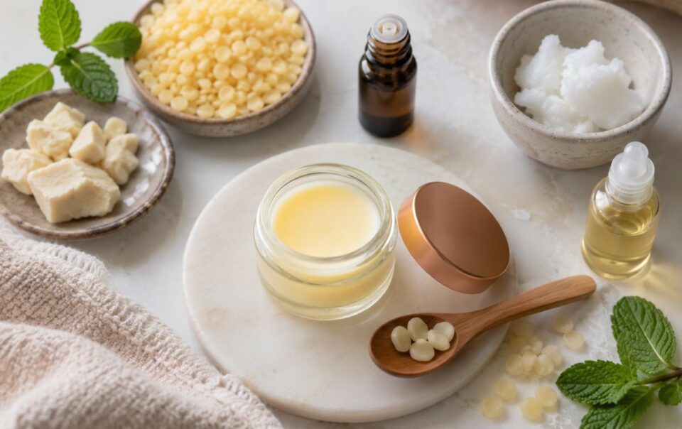 A glass jar of homemade balm on a marble tray, surrounded by bowls of beeswax pellets, coconut oil, cocoa butter, bottles of essential oil, a wooden spoon with balm, a dropper bottle, mint leaves, and a towel.