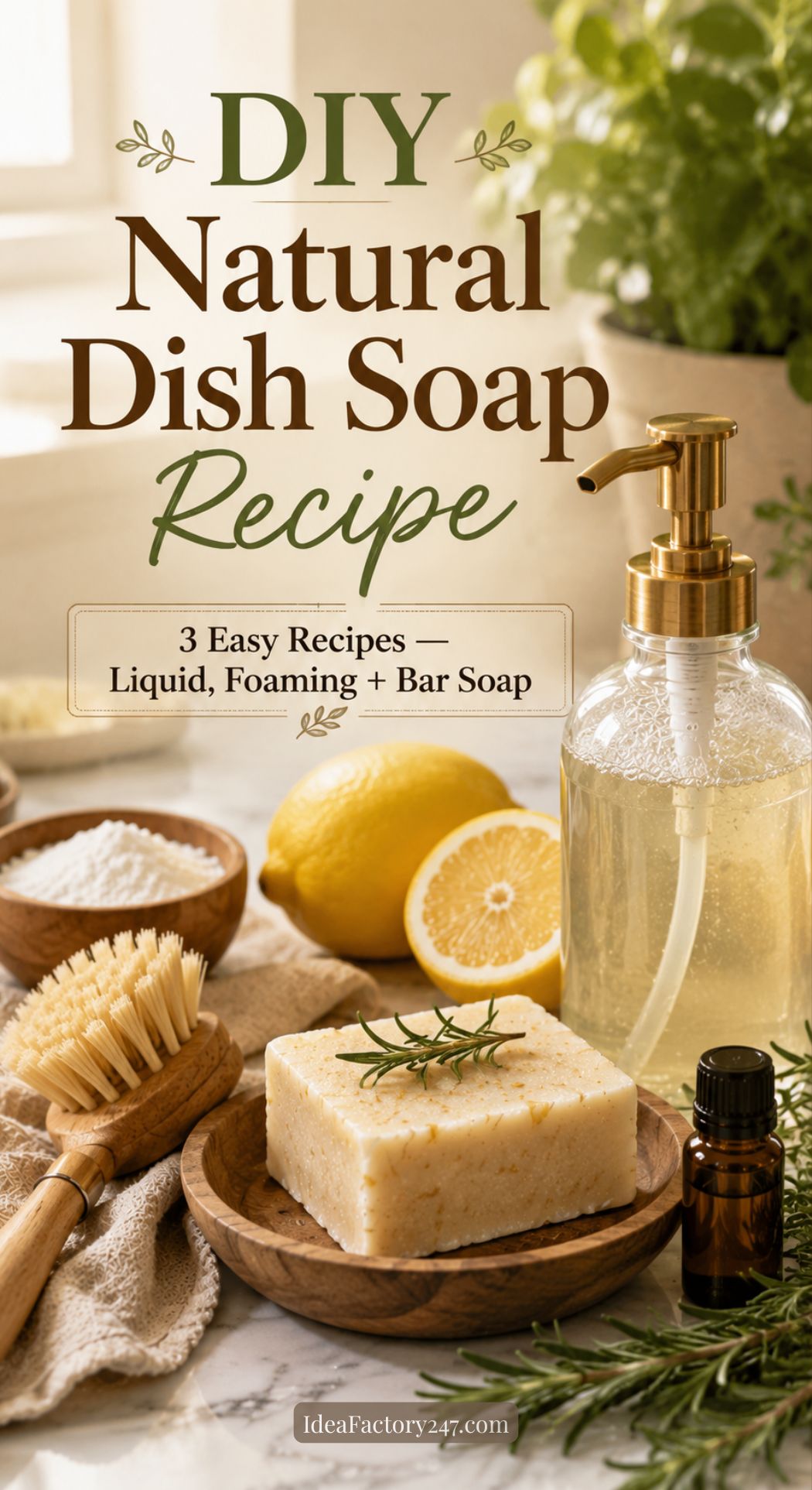 A bottle of liquid diy dish soap, a bar of soap, a scrub brush, lemon halves, salt, and rosemary are arranged on a kitchen counter with text promoting natural dish soap recipes. Sunlight streams through a window in the background.