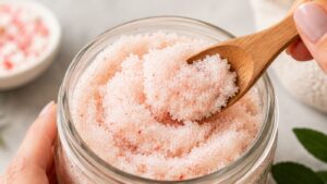 A hand holds a wooden spoon scooping pink exfoliating scrub from a glass jar, with a small bowl of similar scrub in the background.