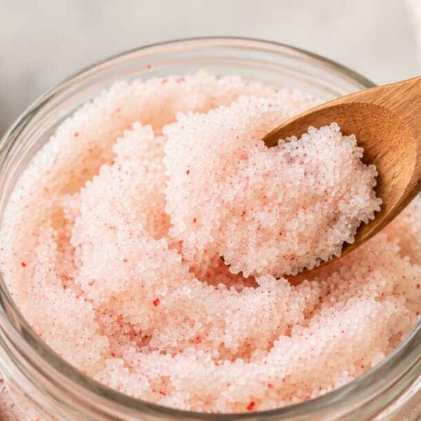 A hand holds a wooden spoon scooping pink exfoliating scrub from a glass jar, with a small bowl of similar scrub in the background.