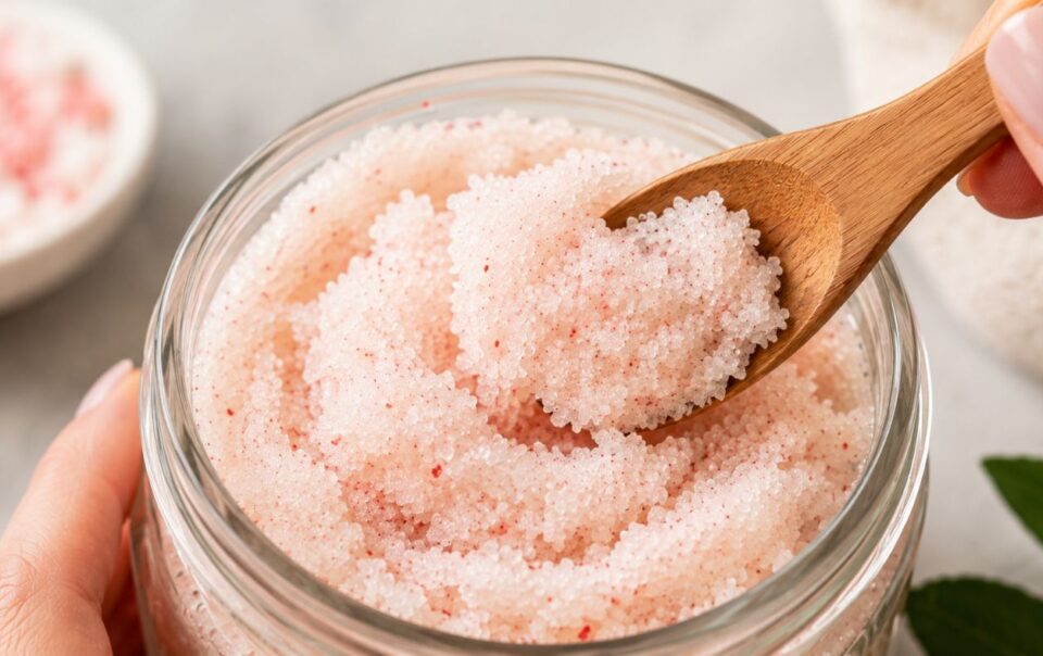 A hand holds a wooden spoon scooping pink exfoliating scrub from a glass jar, with a small bowl of similar scrub in the background.