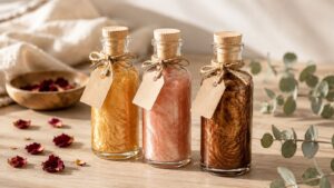 Three small glass bottles with cork lids and twine bows, each filled with yellow, pink, and brown bath salts, sit on a wooden surface beside dried flower petals and eucalyptus leaves—perfect accents for your diy shimmer body oil setup.