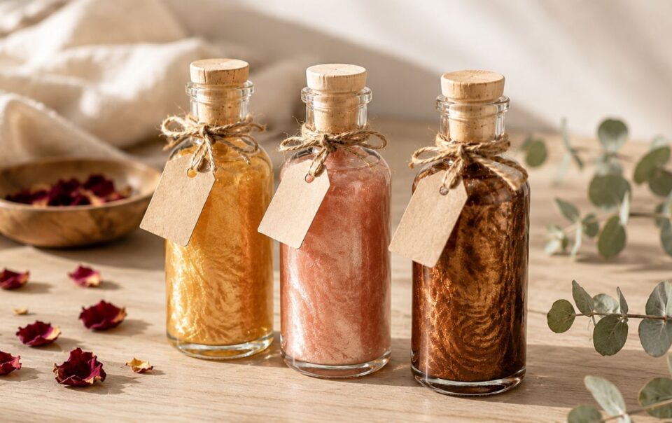 Three small glass bottles with cork lids and twine bows, each filled with yellow, pink, and brown bath salts, sit on a wooden surface beside dried flower petals and eucalyptus leaves—perfect accents for your diy shimmer body oil setup.