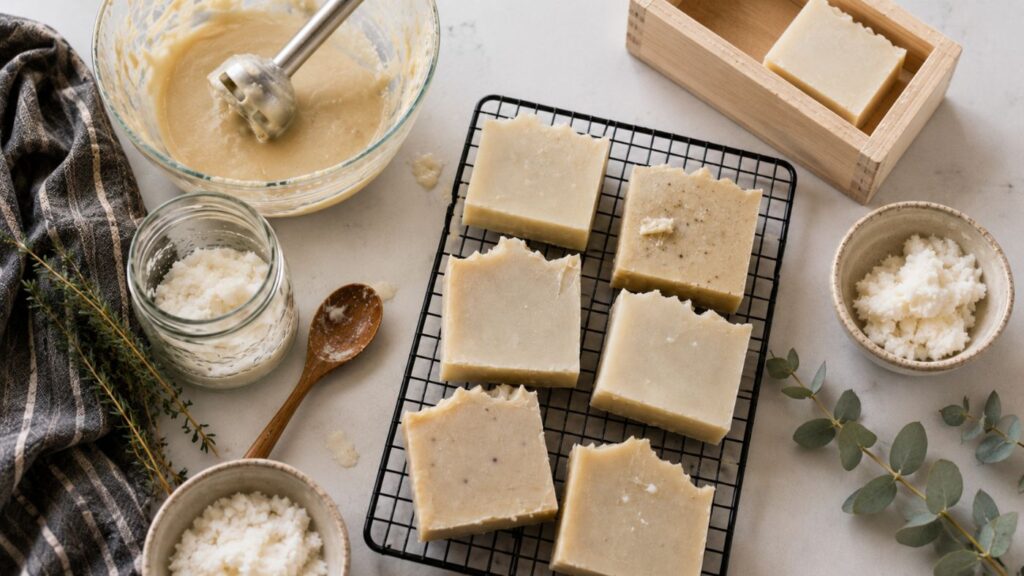Homemade DIY tallow soap bars cooling on a wire rack, surrounded by bowls of ingredients, a mixing bowl with batter, a wooden spoon, striped cloth, and a wooden soap mold. Some greenery and herbs add a fresh touch to the white surface.