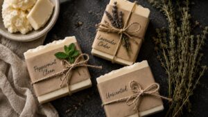 Three bars of DIY tallow soap labeled Peppermint Clean, Lavender Cedar, and Unscented, each tied with twine and herbs, rest beside dried sprigs and a bowl of shea butter on a dark surface.