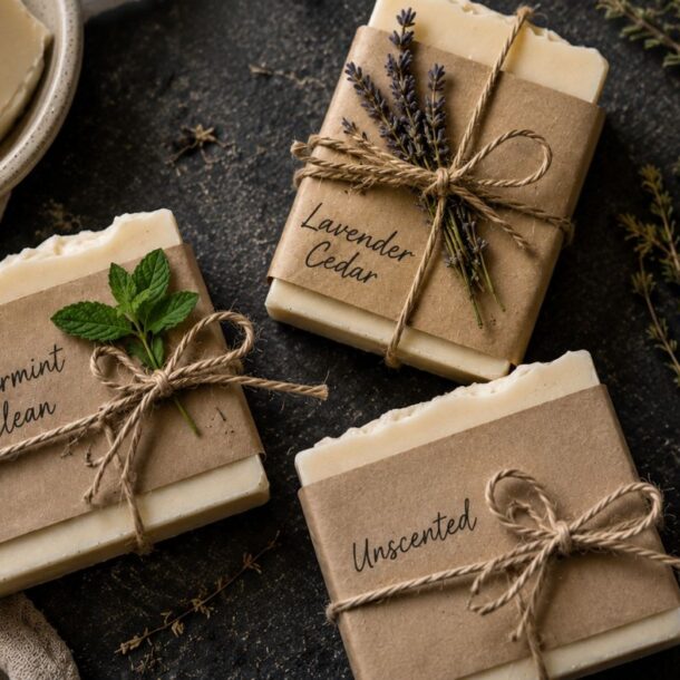 Three bars of DIY tallow soap labeled Peppermint Clean, Lavender Cedar, and Unscented, each tied with twine and herbs, rest beside dried sprigs and a bowl of shea butter on a dark surface.