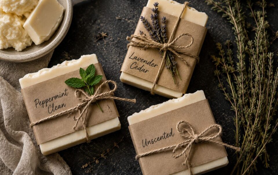 Three bars of DIY tallow soap labeled Peppermint Clean, Lavender Cedar, and Unscented, each tied with twine and herbs, rest beside dried sprigs and a bowl of shea butter on a dark surface.