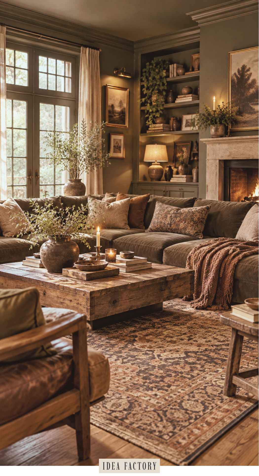 An earthy living room featuring a large dark green sectional sofa, a rustic wooden coffee table, a fireplace, and built-in bookshelves.
