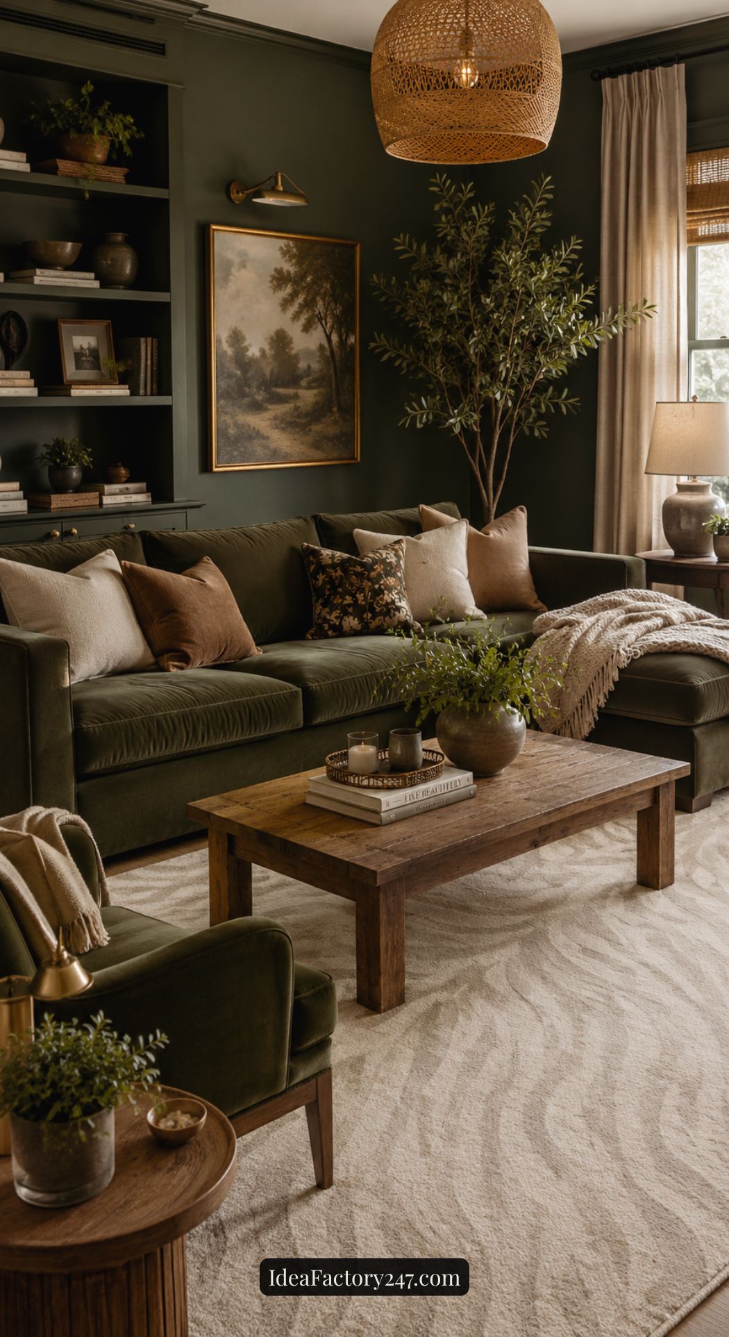 A cozy living room with a dark green sectional sofa, wooden coffee table, neutral pillows, and potted plants. A large rug, warm lighting, wall art, and shelves filled with books and decor create an inviting, earthy atmosphere.