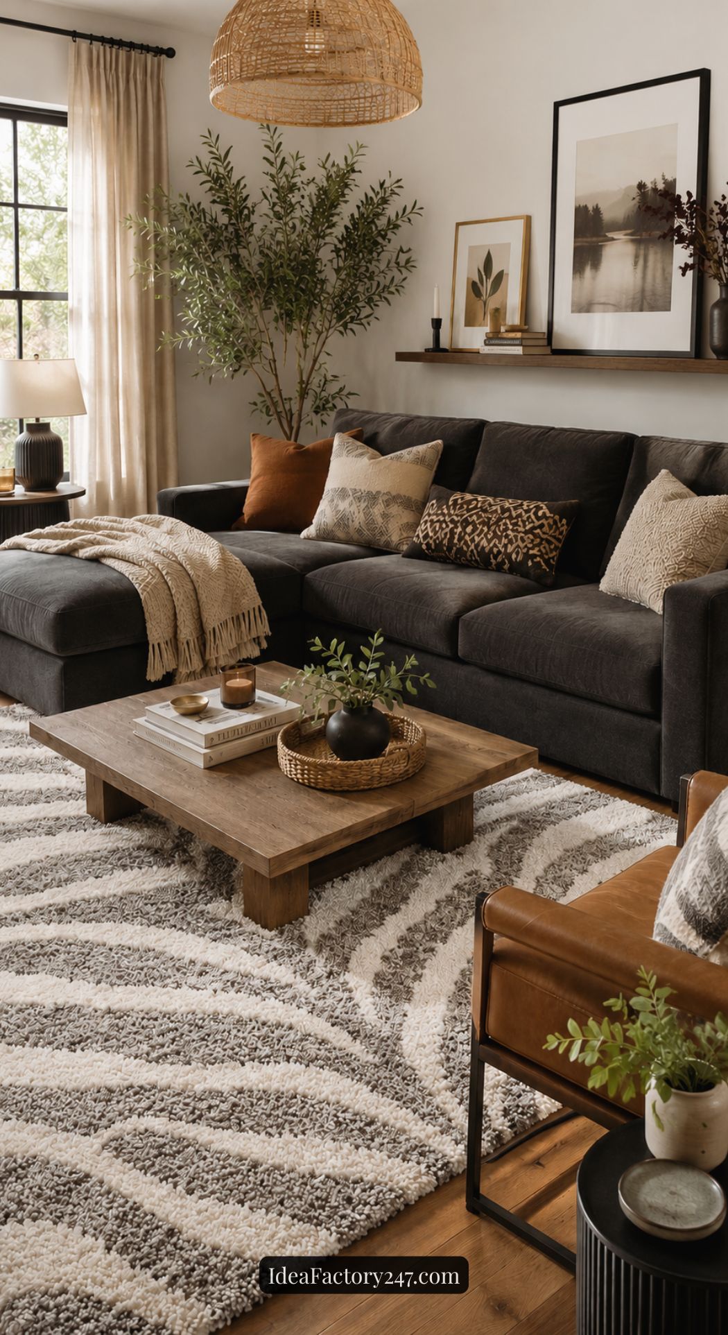 A cozy living room with a dark sectional sofa, neutral cushions, a wooden coffee table, a patterned rug, houseplants, framed wall art, and warm natural lighting from large windows.