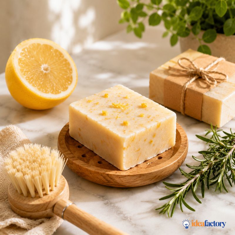 A bar of lemon soap with lemon zest sits on a wooden soap dish, surrounded by a half lemon, a wrapped gift box, diy dish soap ingredients, a body brush, and green plant leaves on a marble surface.