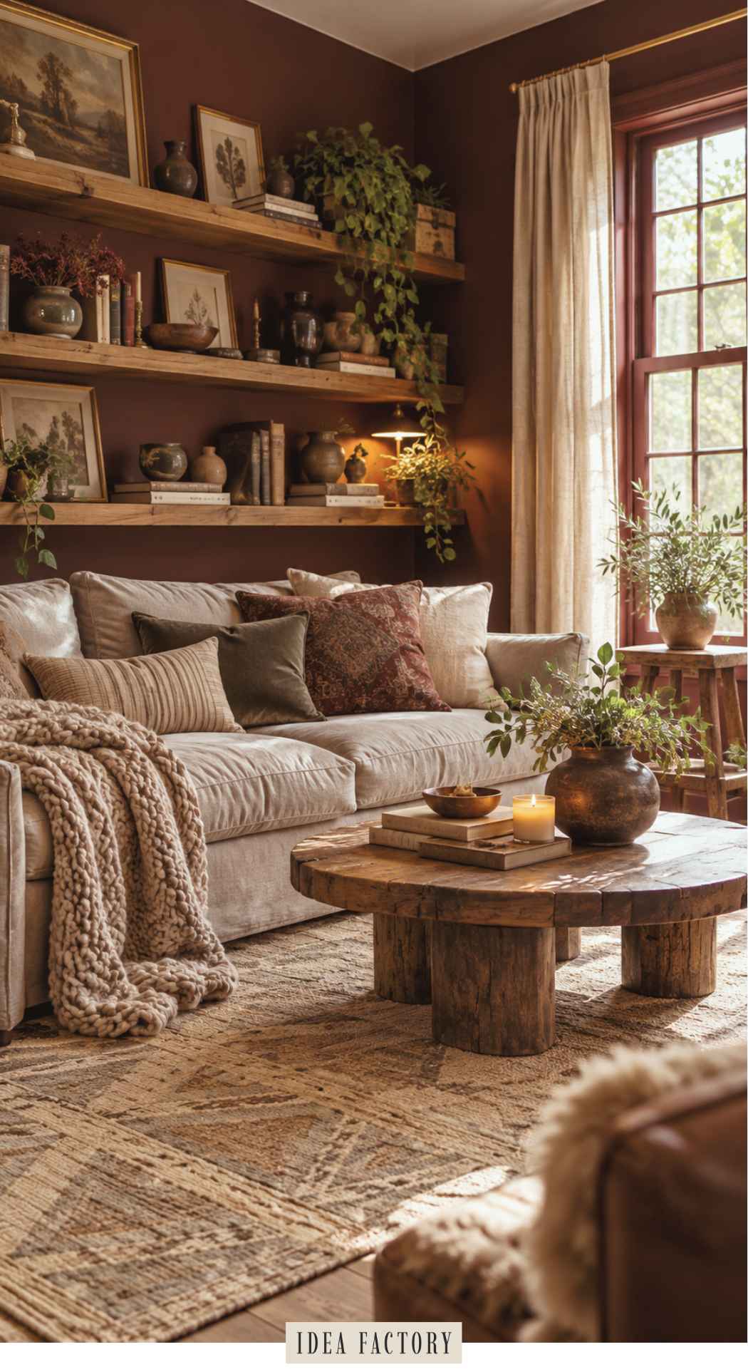 An earthy living room featuring a sofa with a knit throw, a wooden coffee table with a candle and a vase of greenery, and open shelves displaying books, art, and plants against a dark brown wall.
