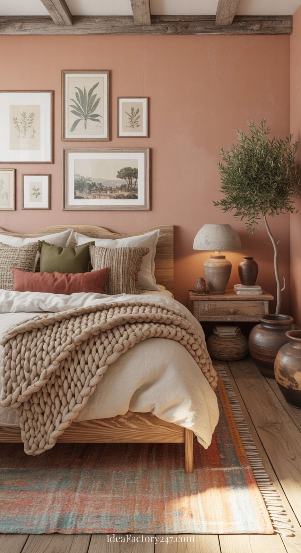 Cozy bedroom with a wooden bed, beige and rust pillows, chunky knit blanket, earth-toned décor, and Mediterranean bedroom ideas like potted plants, vases, and framed botanical art on a peach-colored wall above the bed.