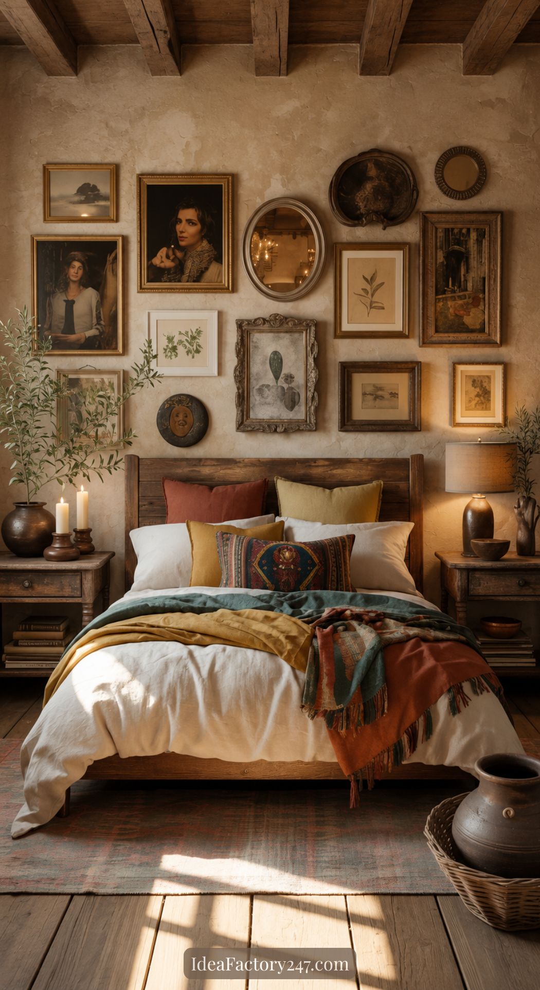 A cozy, rustic bedroom with Mediterranean Bedroom Ideas—wooden bed, earth-toned pillows, layered blankets, and a gallery wall of framed art. Plants, candles, and pottery add warmth to this inviting space.