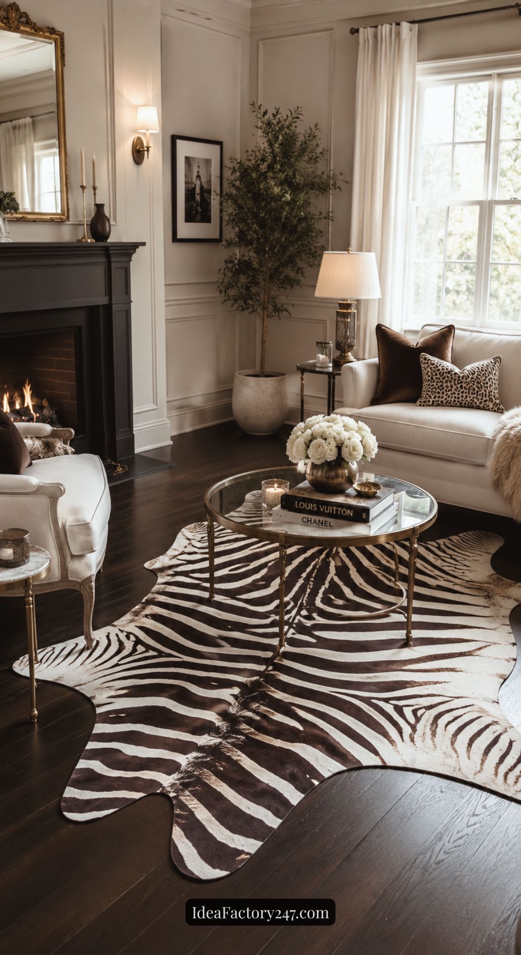 Elegant living room with a black fireplace, white armchairs, a glass coffee table with flowers, and a zebra print rug on dark wooden floors. Large window with light curtains lets in natural light.