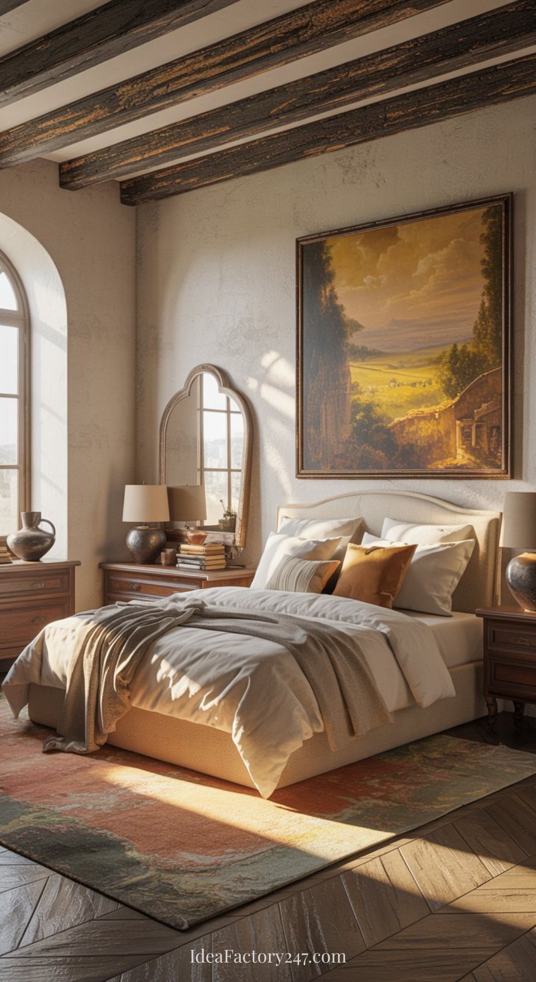 A cozy Mediterranean bedroom with a beige bed, soft pillows, and a light blanket. Wooden nightstands with lamps flank the bed as sunlight streams through large arched windows. A landscape painting hangs above the bed, offering inspiring Mediterranean bedroom ideas.