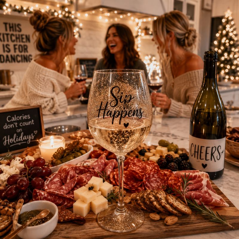 A festive kitchen scene with three women laughing and drinking wine. In the foreground, a wine glass labeled “Sip Happens,” a bottle labeled Cheers, and a charcuterie board with cheese, meats, and fruit are displayed.