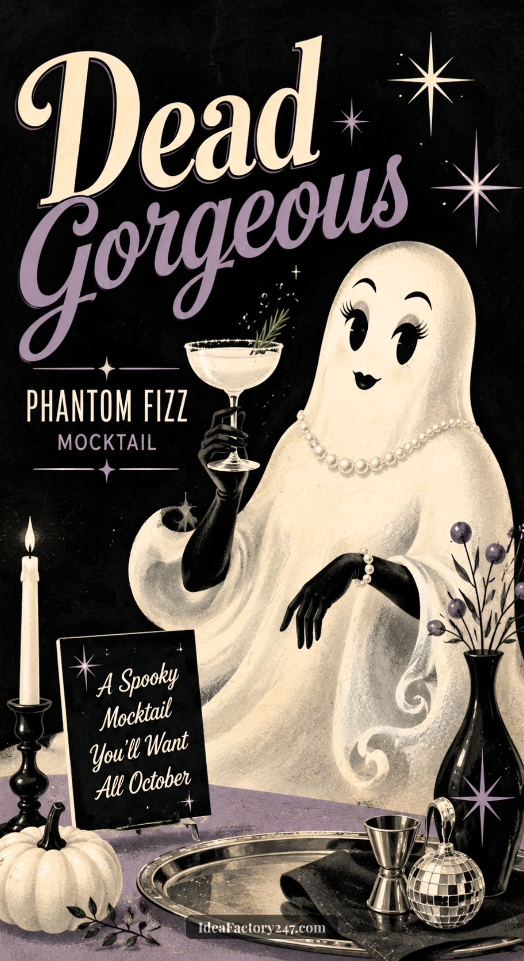 Vintage-style illustration of a glamorous ghost wearing pearls and gloves, holding a cocktail glass. Next to her is a sign reading, “A Spooky Mocktail You’ll Want All October.” Text above says, “Dead Gorgeous Phantom Fizz Mocktail.”.