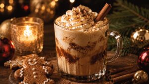 A glass mug filled with a creamy, whipped cream-topped holiday coffee drink, garnished with a cinnamon stick, sits on a wooden table with a gingerbread cookie, Christmas ornaments, pine branches, and a lit candle nearby.