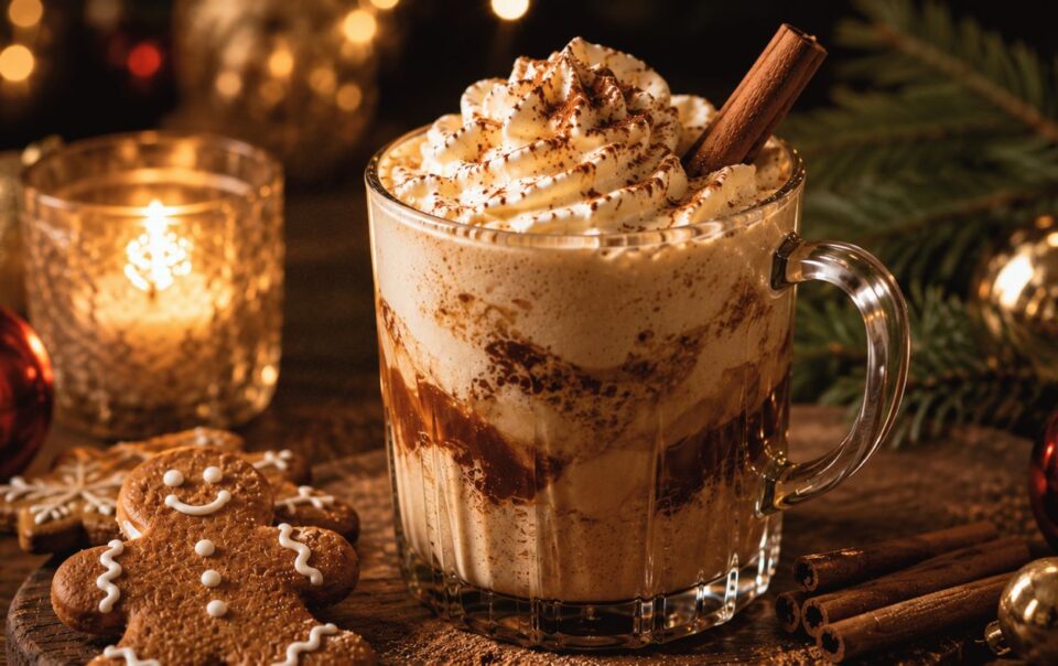 A glass mug filled with a creamy, whipped cream-topped holiday coffee drink, garnished with a cinnamon stick, sits on a wooden table with a gingerbread cookie, Christmas ornaments, pine branches, and a lit candle nearby.