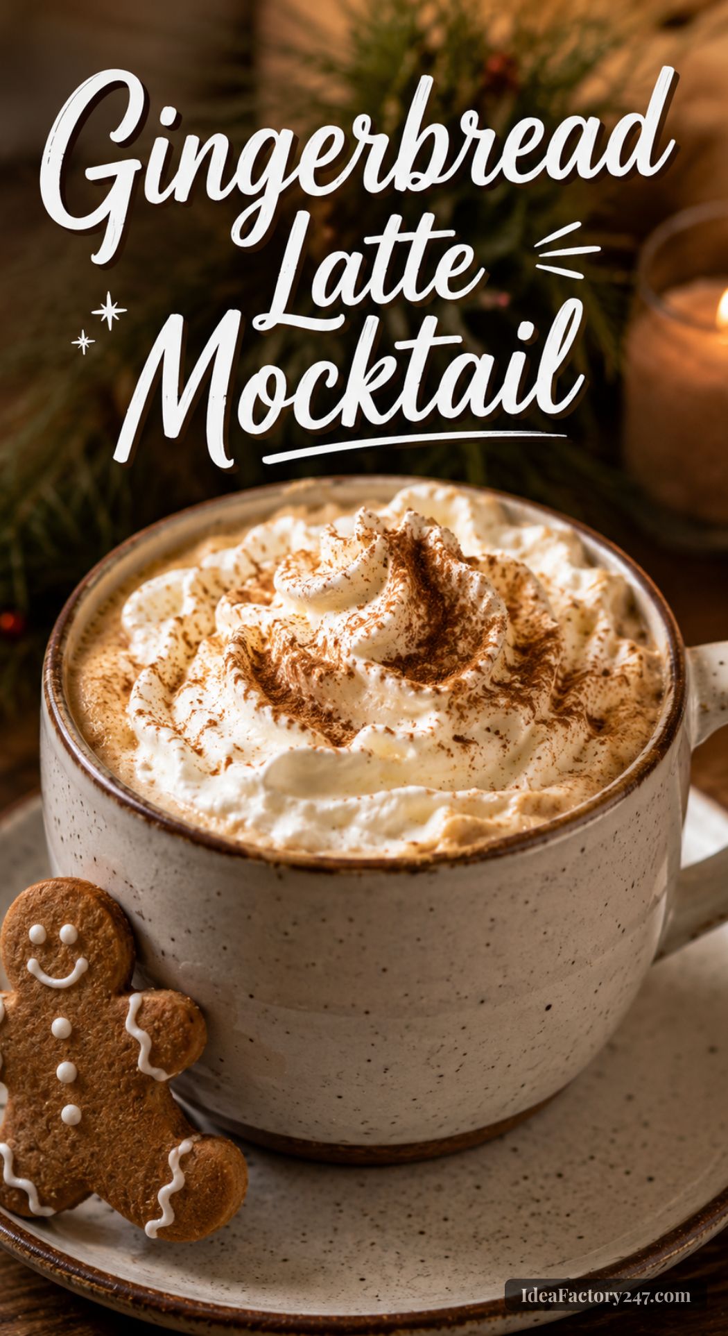 A mug of gingerbread latte mocktail topped with whipped cream and cinnamon, garnished with a gingerbread cookie. Holiday decorations and a candle are blurred in the background. Text reads: Gingerbread Latte Mocktail.