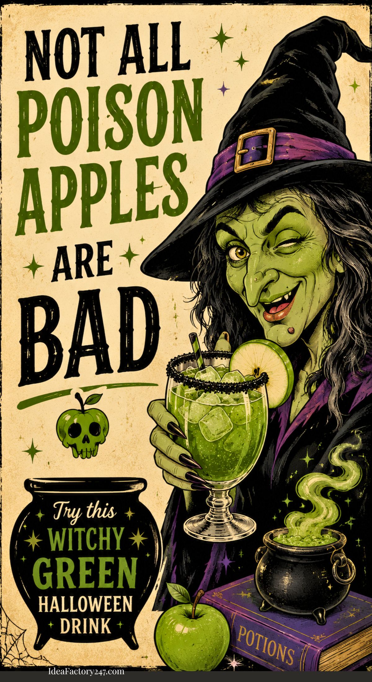 A green-skinned witch in a black hat grins while holding a Poison Apple Mocktail. Text reads, Not all poison apples are bad. Try this witchy green Halloween drink. A bubbling cauldron, green apple, and potion book are nearby.