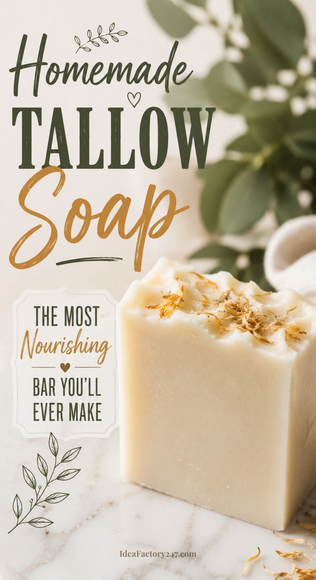 A rectangular bar of DIY tallow soap topped with dried flowers sits on a marble surface. Text reads, Homemade Tallow Soap: The most nourishing bar you’ll ever make, with leafy greenery in the background.