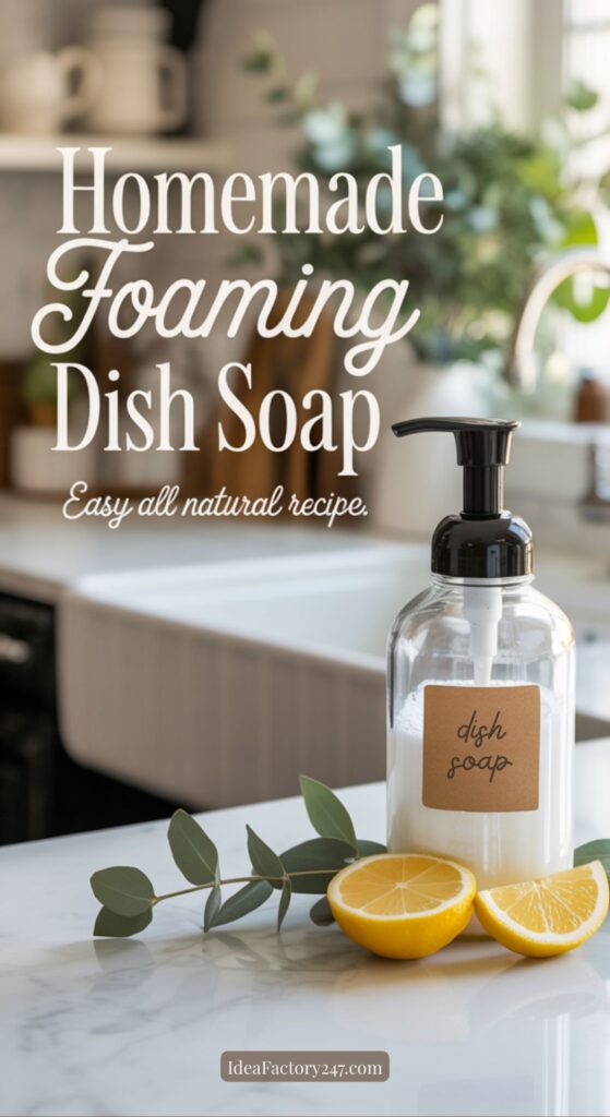 A kitchen scene with a bottle labeled diy dish soap, two lemon halves, and eucalyptus leaves on the counter. Text reads: Homemade Foaming Dish Soap. Easy all natural recipe. A farmhouse sink is in the background.