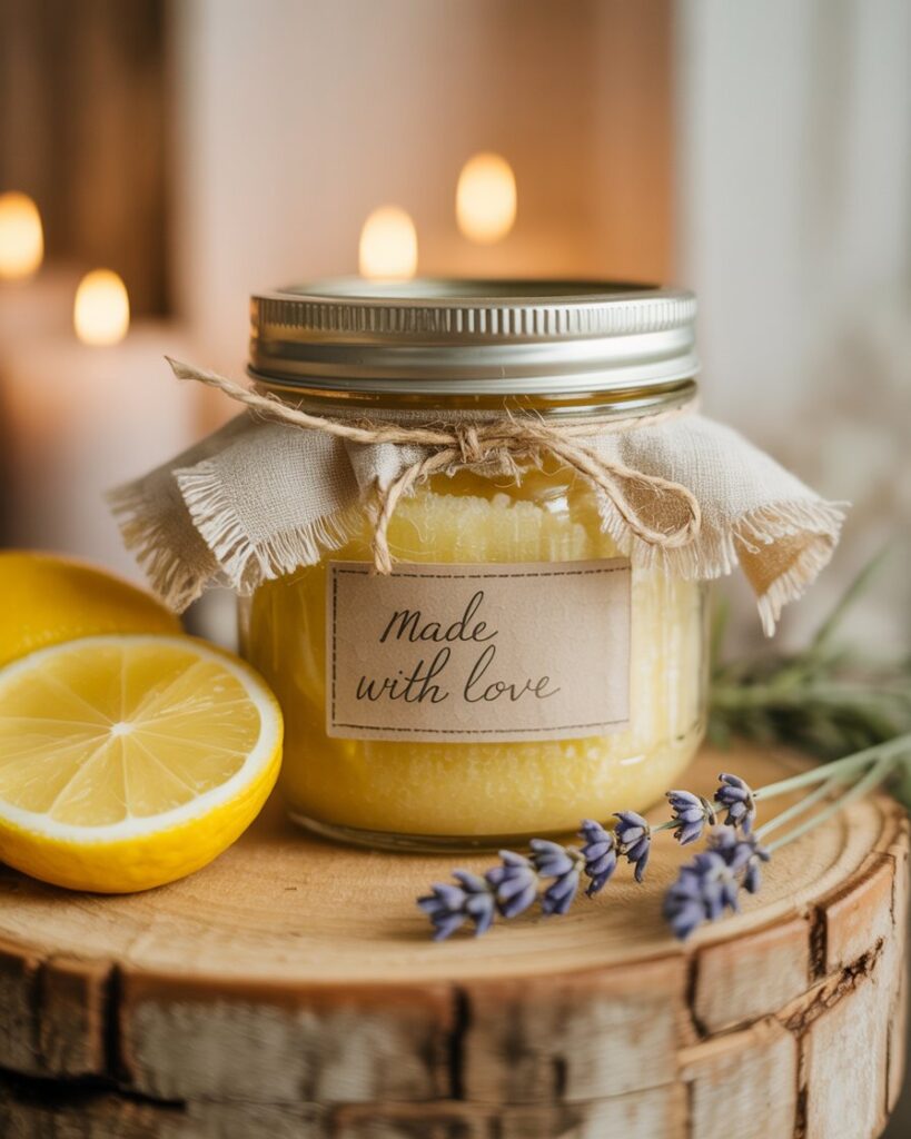 A jar labeled Made with love sits on a wooden surface, decorated with fabric and twine. Next to it are half a lemon and sprigs of lavender. Candles softly glow in the blurred background.