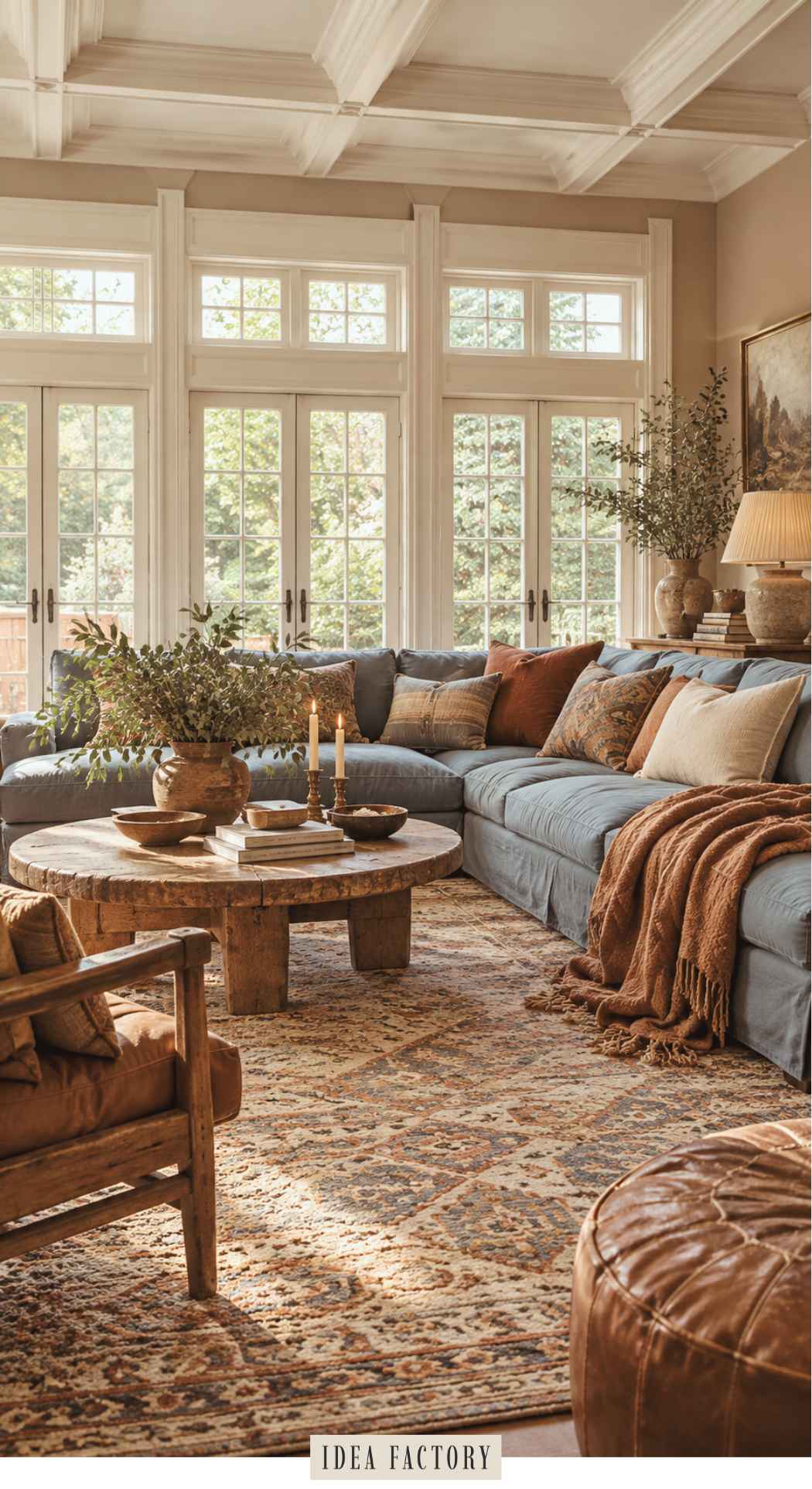 A large blue sectional sofa and a round wooden coffee table in an earthy, sunlit living room with patterned rugs and throw pillows.