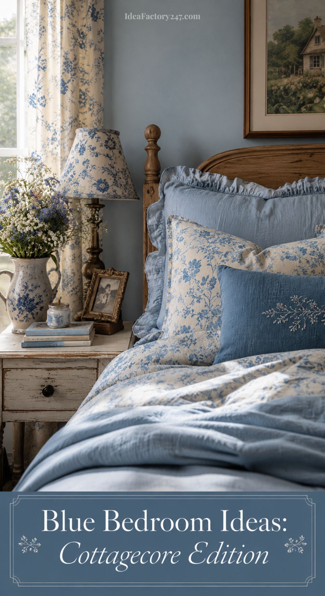 A cozy blue cottagecore bedroom with floral bedding, matching curtains, a wooden bed frame, and a white nightstand holding blue flowers, a teacup, and books. Text reads: Blue Bedroom Ideas: Cottagecore Edition.