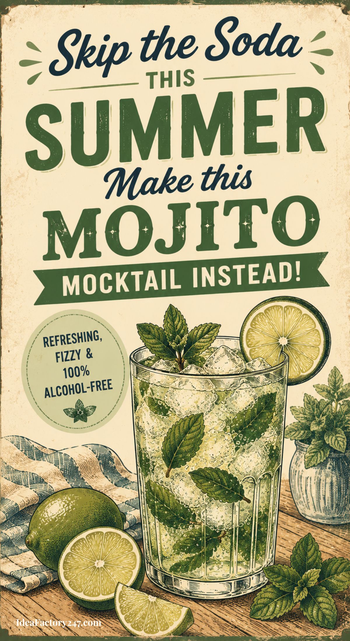 A vintage-style poster promoting a mojito mocktail, featuring a glass filled with a fizzy, minty drink, lime slices, and mint leaves. Text encourages skipping soda and choosing this refreshing, alcohol-free summer drink.