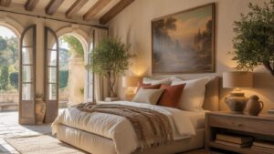 A cozy Mediterranean bedroom features a large bed, warm-toned pillows, a striped throw, wooden beams, and arched French doors opening to a sunny garden. Olive trees, lamps, and a landscape painting add elegance and warmth to the space.