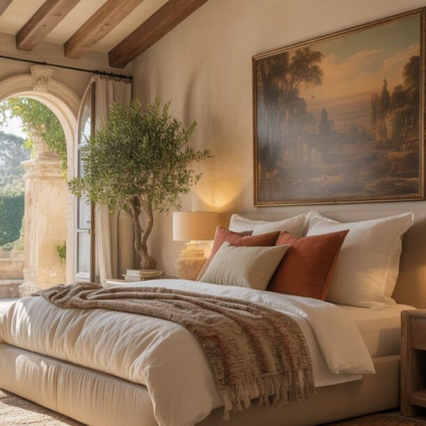 A cozy Mediterranean bedroom features a large bed, warm-toned pillows, a striped throw, wooden beams, and arched French doors opening to a sunny garden. Olive trees, lamps, and a landscape painting add elegance and warmth to the space.