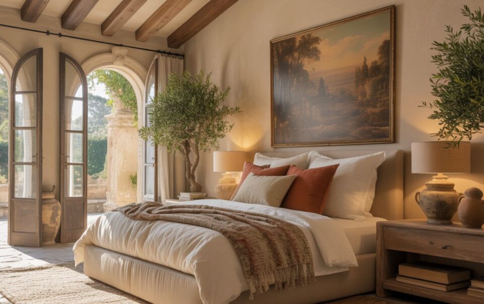 A cozy Mediterranean bedroom features a large bed, warm-toned pillows, a striped throw, wooden beams, and arched French doors opening to a sunny garden. Olive trees, lamps, and a landscape painting add elegance and warmth to the space.