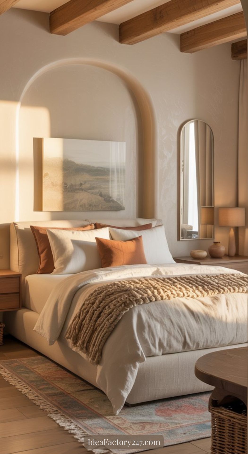 A cozy Mediterranean bedroom idea with a large bed, earth-toned pillows and blanket, wooden beams, an arched alcove with art, a round mirror, soft natural lighting, and a patterned rug on a wood floor.