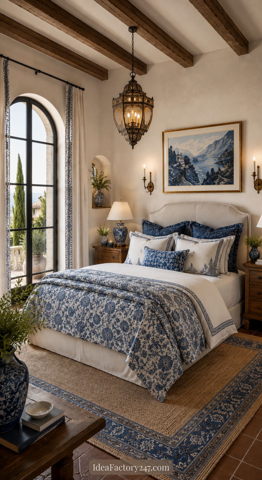 A cozy Mediterranean bedroom with a large arched window, wood-beamed ceiling, blue and white floral bedding, matching decor accents, wooden nightstands, and a mountain landscape painting above the bed.