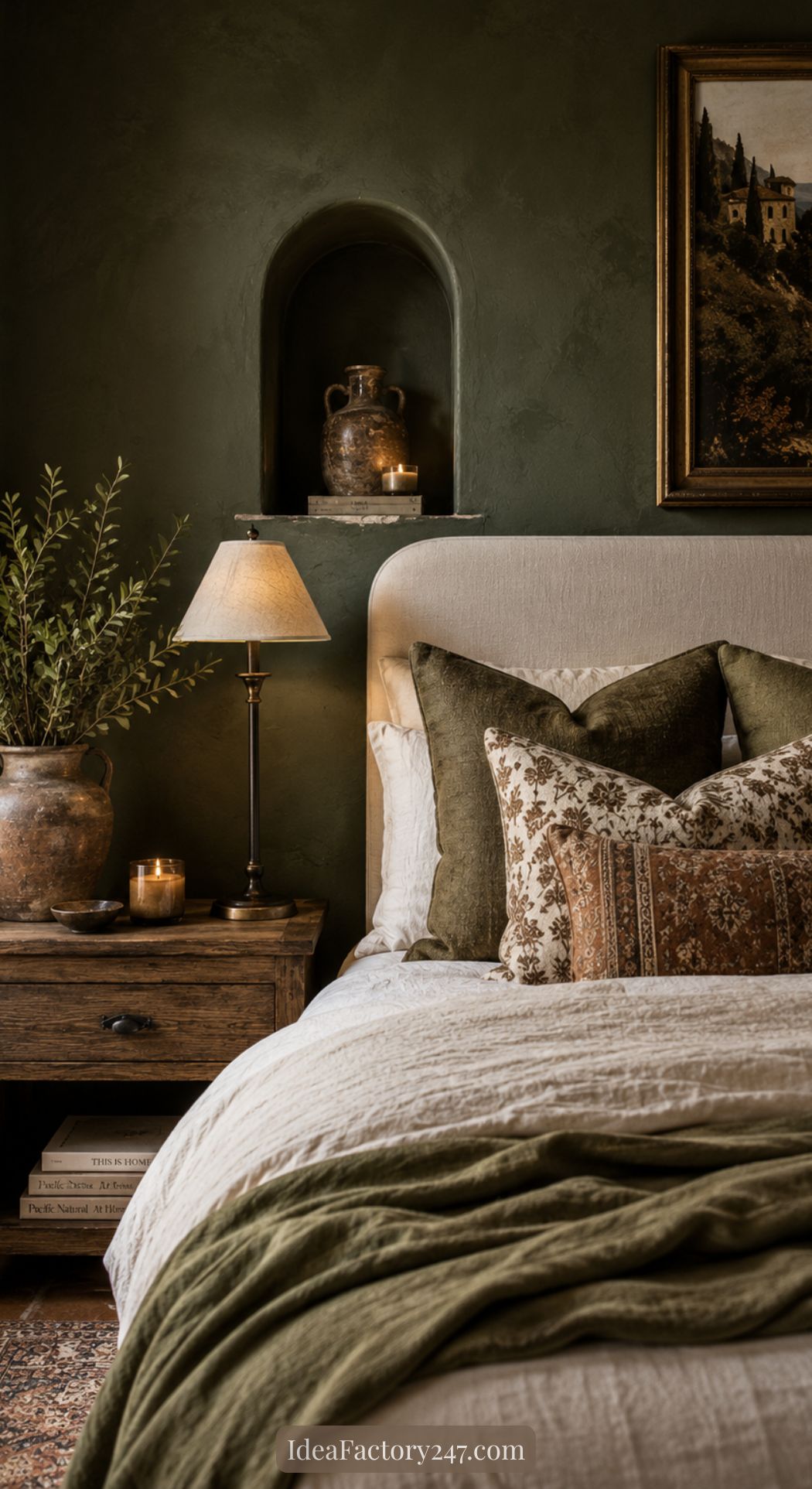 Cozy Mediterranean bedroom ideas come to life with an earth-toned bed, patterned pillows, a wooden nightstand with a lamp, potted plant, rustic decor, and framed art accenting a dark olive wall above the niche holding a jug and candle.